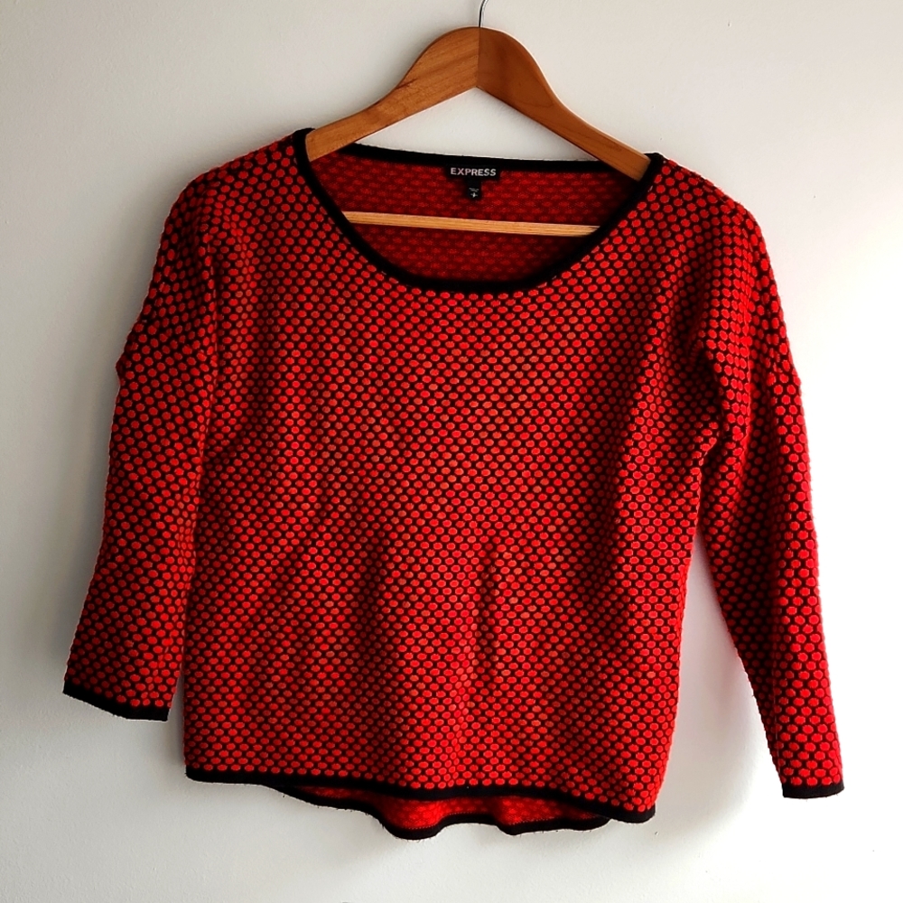 Express cropped red and black 3/4 sleeve sweater